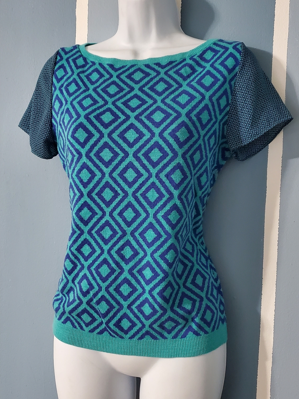 LOFT Teal & Blue Geometric Short-Sleeve Top